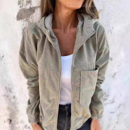 Women’s Hooded Jacket – Relaxed Fit – Ribbed Texture – Zip Front – Casual Style