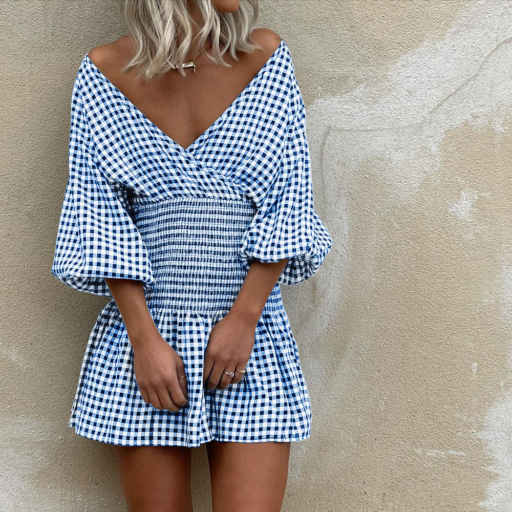 Women’s Mini Dress – Cotton Blend – V-Neck – Puff Sleeves – Gingham – Elastic Waist