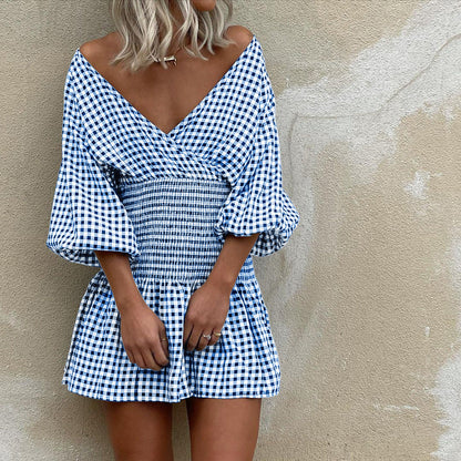 Women’s Mini Dress – Cotton Blend – V-Neck – Puff Sleeves – Gingham – Elastic Waist