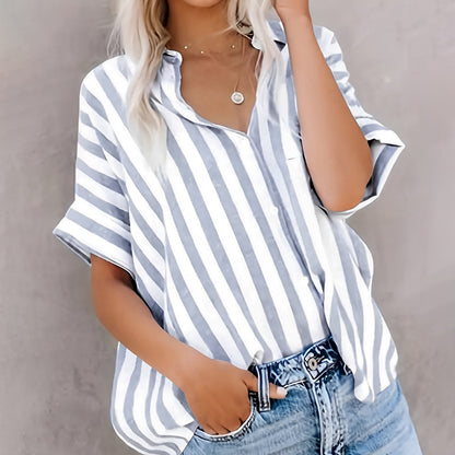 Women’s Short Sleeve Shirt – Lightweight Cotton – Relaxed Fit – Striped Button Front