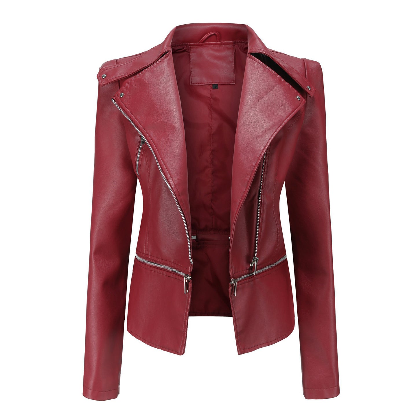 Women's leather motorcycle jacket with zipper