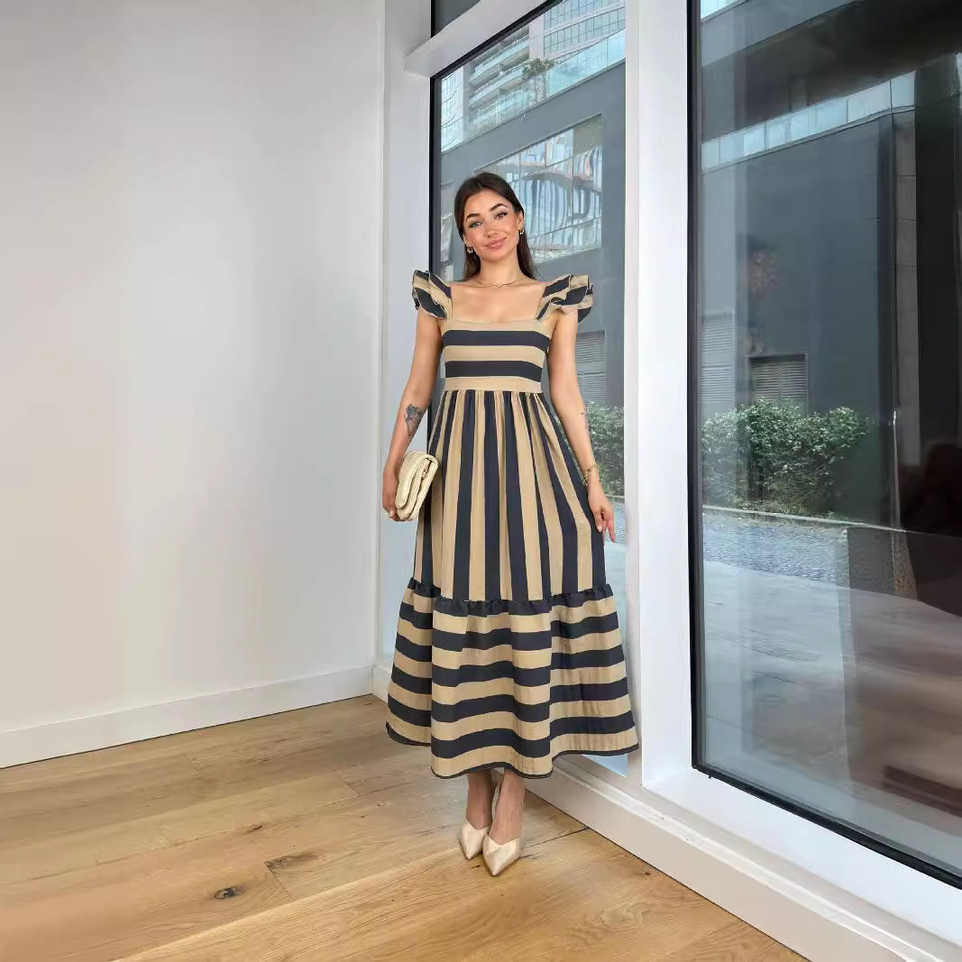 Women’s Midi Dress – Cotton Blend – Relaxed Fit – Off Shoulder – Striped – Ruffle Sleeve