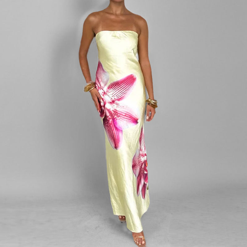 Women’s Maxi Dress – Strapless – Slim Fit – Floral Print – Lightweight Elegant Fabric