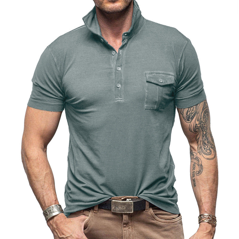 Men’s Polo Shirt – Slim Fit – Stand Collar – Buttoned Pocket – Cotton