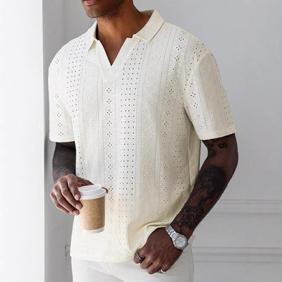 Men’s Knit T-Shirt – Relaxed Fit – Jacquard Lace – V-Neck – Short Sleeve Breathable
