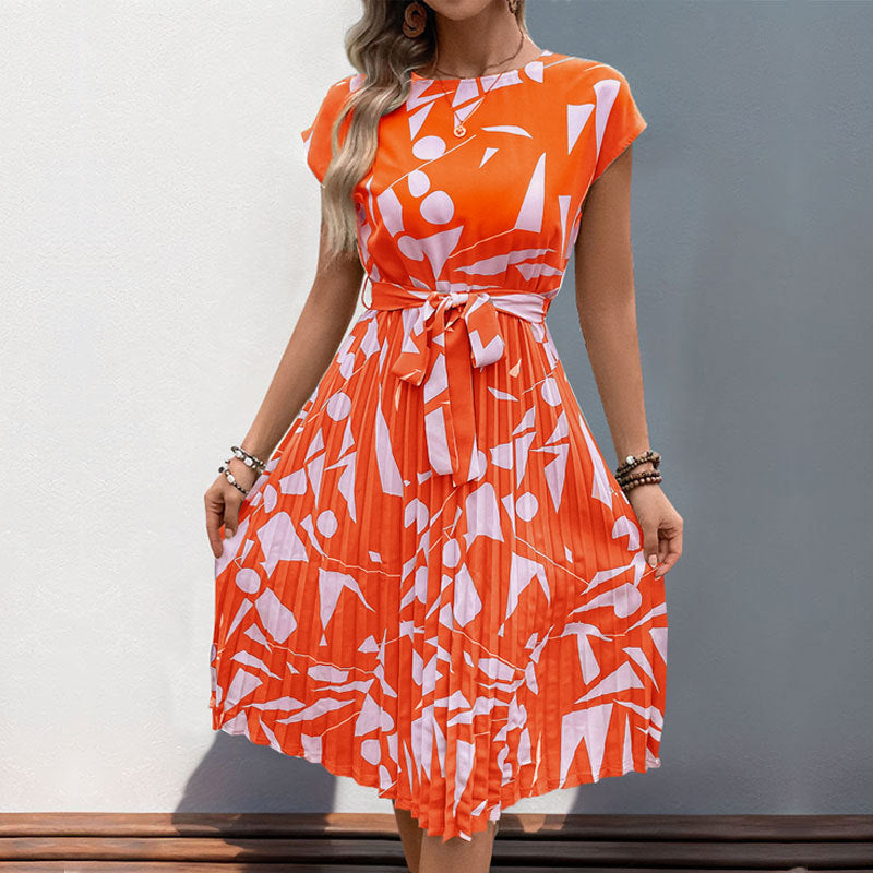 Women’s Midi Dress – Fit and Flare – Geometric Print – Pleated – Short Sleeve Belted