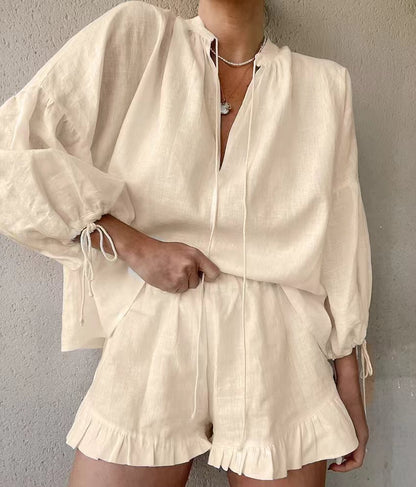 Women's Two-Piece Set - V-Neck Lantern Sleeve - Casual Shorts