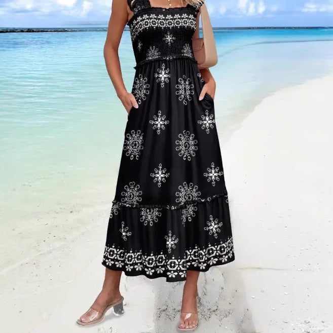 Women’s Midi Dress – Cotton Blend – Square Neck – Ruffle Sleeve – Loose Fit – Pockets