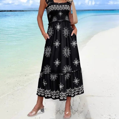 Women’s Midi Dress – Cotton Blend – Square Neck – Ruffle Sleeve – Loose Fit – Pockets