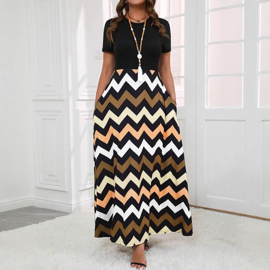 Women’s Long Dress – Wave Print – A-Line Relaxed Fit – Short Sleeve – Breathable Cotton