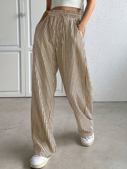 Women’s Straight-Leg Trousers – Drawstring Waist – Striped – Lightweight Breathable Fit