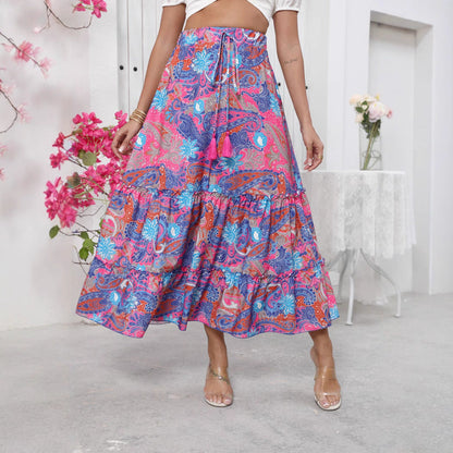 Women’s Maxi Skirt – Tiered Boho Style – Fringe Waist – Flowing Fit – Cotton