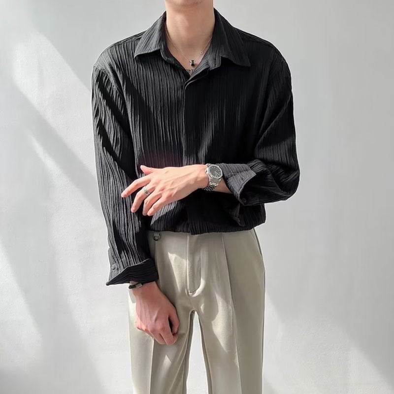 Unisex Long Sleeve Shirt – Crinkle Textured Fabric – Oversized Fit – Button Down Casual