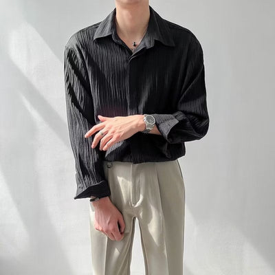 Unisex Long Sleeve Shirt – Crinkle Textured Fabric – Oversized Fit – Button Down Casual