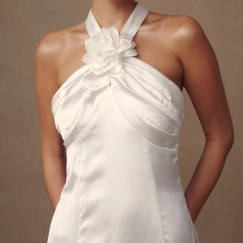Women’s Evening Dress – Satin Slim Fit – Halter Neck – Floral Embellishment – Floor Length
