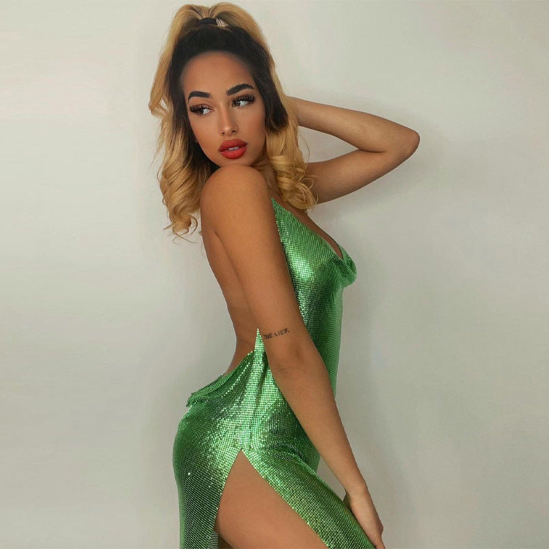 Women’s Mini Dress – Slim Fit – Shimmering Fabric – Open Back – Thigh Slit – Sleeveless