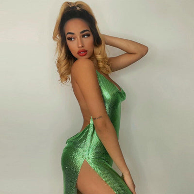 Women’s Mini Dress – Slim Fit – Shimmering Fabric – Open Back – Thigh Slit – Sleeveless