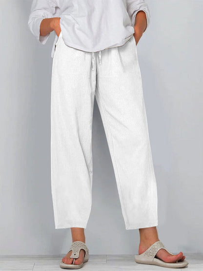 Women’s Wide-Leg Trousers – Relaxed Fit – Cotton Linen – Drawstring Waist – Full Length