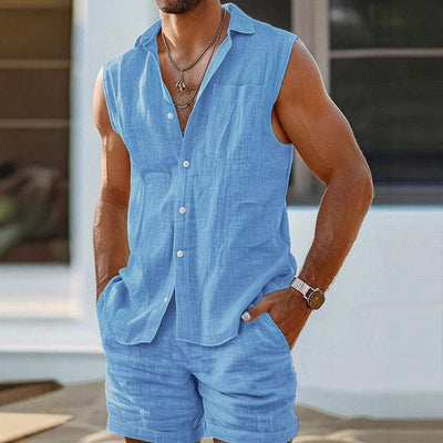 Men’s Shirt and Shorts Set – Cotton Linen – Relaxed Fit – Button-Up Casual Wear