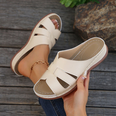 Women’s Wedge Slide Sandals – Faux Leather – Open Toe – Cut-Out – Casual Comfort