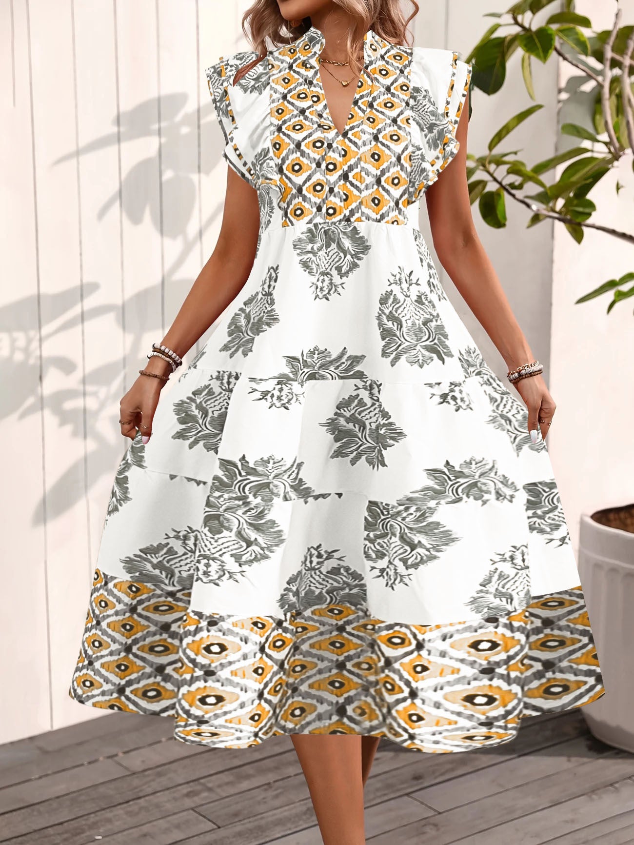 Women’s Midi Dress – Flowing A-Line Fit – Stand Collar – Flying Sleeves – Floral Print