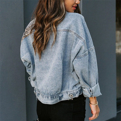 Women’s Denim Jacket – Relaxed Fit – Leopard Print Panels – Distressed – Button Front