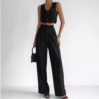 Women’s Vest Set – Tailored Cropped V-Neck Vest – High-Waist Wide-Leg Trousers