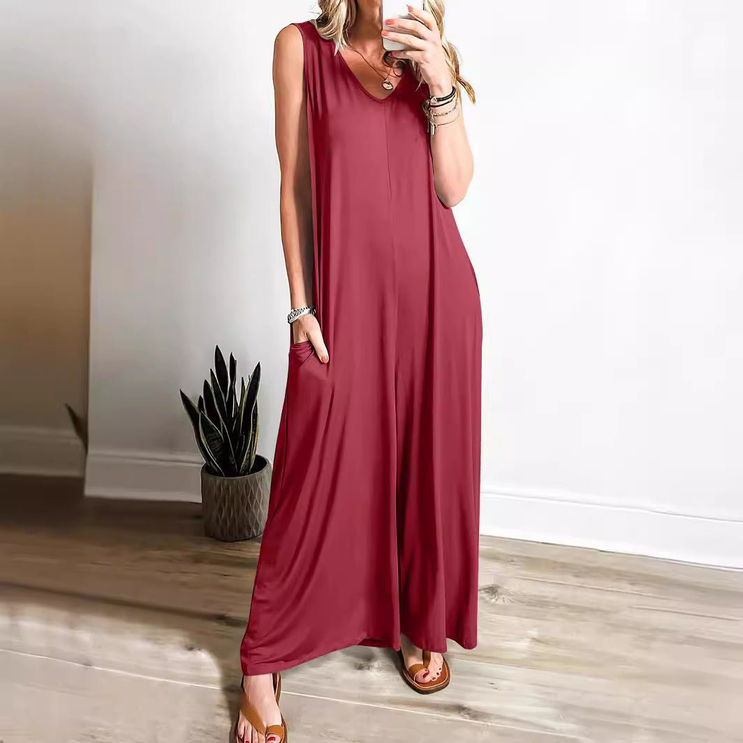 Women’s Maxi Dress – Soft Knit – Relaxed Fit – Sleeveless V-Neck with Pockets