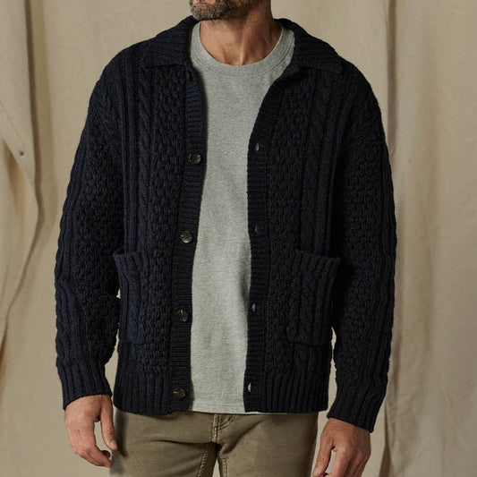 Men’s Cardigan – Wool Blend – Cable Knit – Relaxed Fit – Button-Up with Collar Pockets