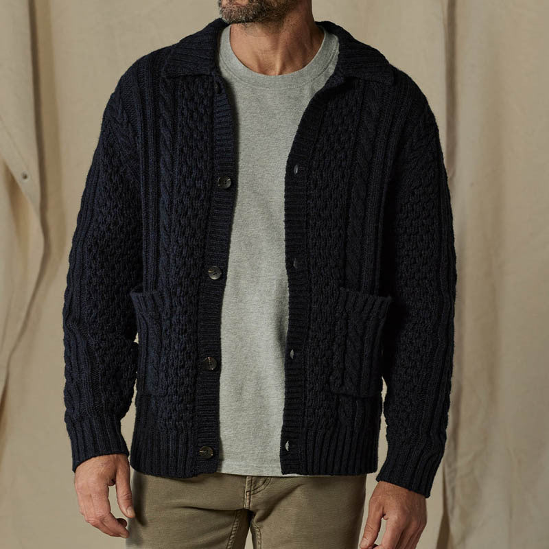 Men’s Cardigan – Wool Blend – Cable Knit – Relaxed Fit – Button-Up with Collar Pockets