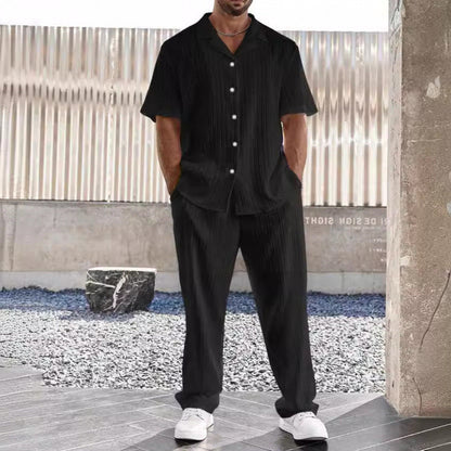 Men’s Casual Set – Lightweight Button-Up Shirt & Straight Leg Trousers – Relaxed Fit