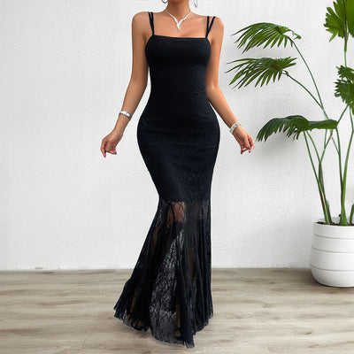 Women’s Maxi Dress – Slim Fit – Lace Fabric – Mermaid Silhouette – Spaghetti Straps