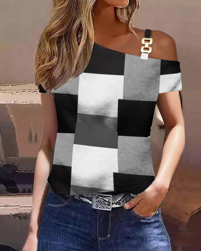 Women’s Short Sleeve Top – Relaxed Fit – One Shoulder – Cotton – Metal Button Detail