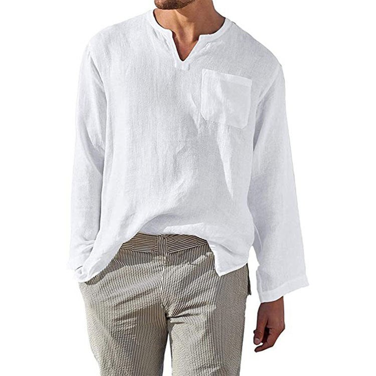 Men’s Long Sleeve Shirt – Linen Cotton Blend – Relaxed Fit – Band Collar Casual