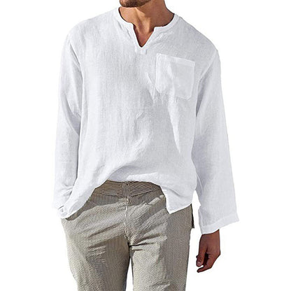 Men’s Long Sleeve Shirt – Linen Cotton Blend – Relaxed Fit – Band Collar Casual