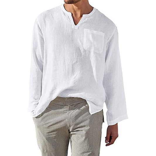 Men’s Long Sleeve Shirt – Linen Cotton Blend – Relaxed Fit – Band Collar Casual