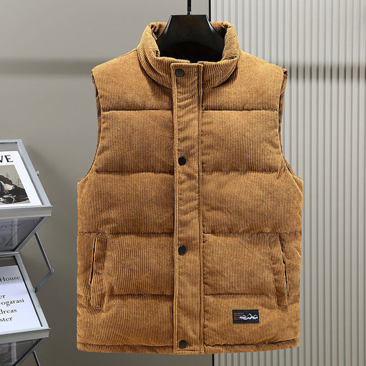 Men’s Quilted Vest – Corduroy – Padded Structured Fit – Stand Collar – Snap Closure