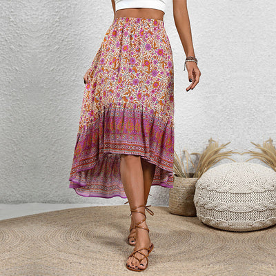 Women’s Midi Skirt – Floral Paisley Print – Tiered Relaxed Fit – Elastic Waistband