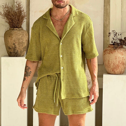 Men’s Outfit Set – Textured Button-Up Shirt and Drawstring Shorts – Relaxed Fit Breathable