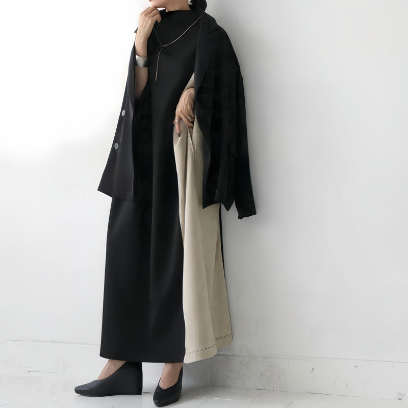 Women’s Midi Dress – Loose Fit – Batwing Sleeve – Half Turtleneck – Two-Tone Style
