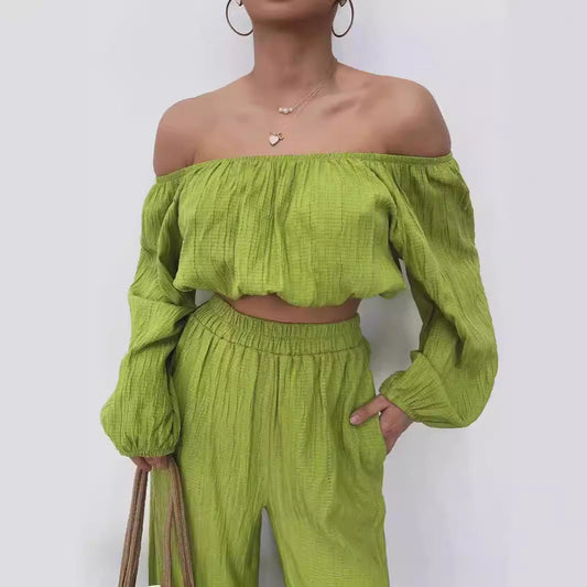 Women’s Two-Piece Set – Off-Shoulder Crop Top – Wide-Leg High-Waist Trousers – Lightweight Fabric