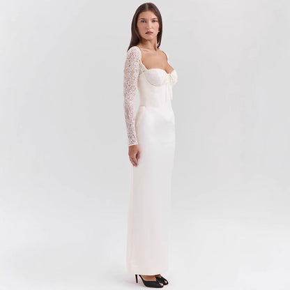 Women’s Evening Dress – Satin Bodycon Fit – Lace Sleeves – Sweetheart Neckline