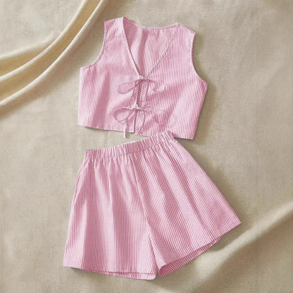 Women’s Matching Set – Sleeveless Crop Top with Tie Front – High-Waisted Elastic Shorts