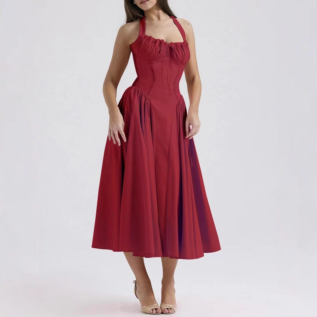 Women’s Halter Neck Dress – Slim Fit – Backless – Gathered Bodice – Flared Midi Skirt