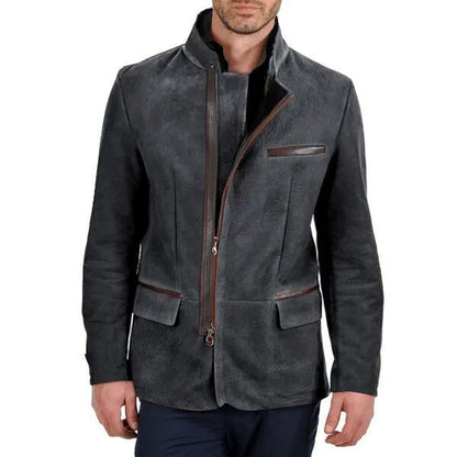 Men’s Suede Jacket – Slim Fit – Stand Collar – Zipper Front – Multi Pocket Design
