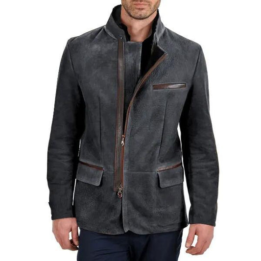 Men’s Suede Jacket – Slim Fit – Stand Collar – Zipper Front – Multi Pocket Design