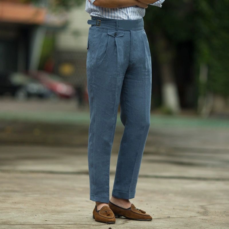 Men’s Trousers – Slim Fit – High Waist Linen – Pleated Front – Business Casual