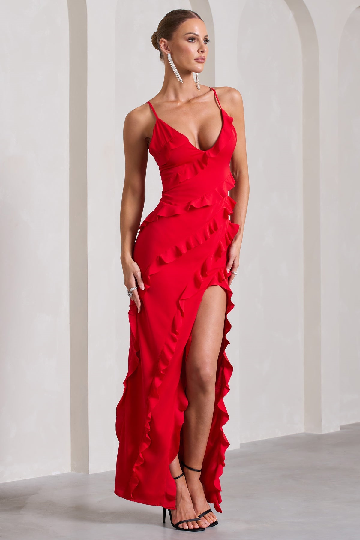 Women's Evening Maxi Dress - Deep V-Neck - Elegant Ruffle Design - Side Slit