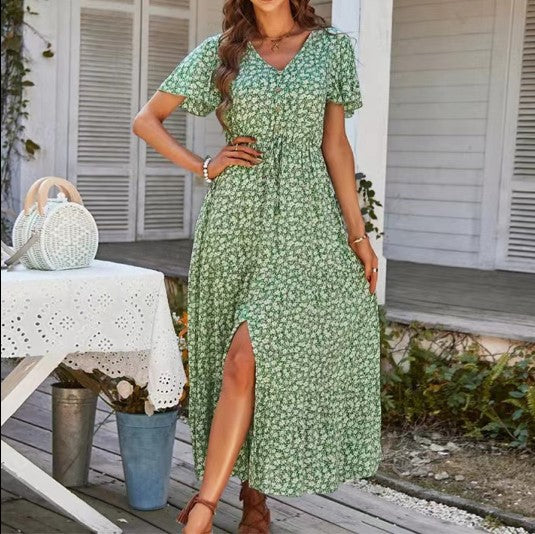 Women’s Maxi Dress – V-Neck Button Front – Floral Print – Short Sleeve