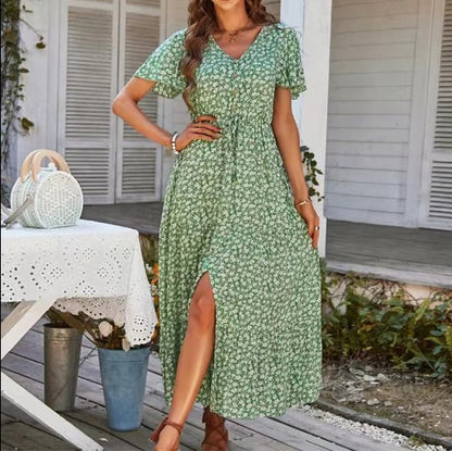 Women’s Maxi Dress – V-Neck Button Front – Floral Print – Short Sleeve